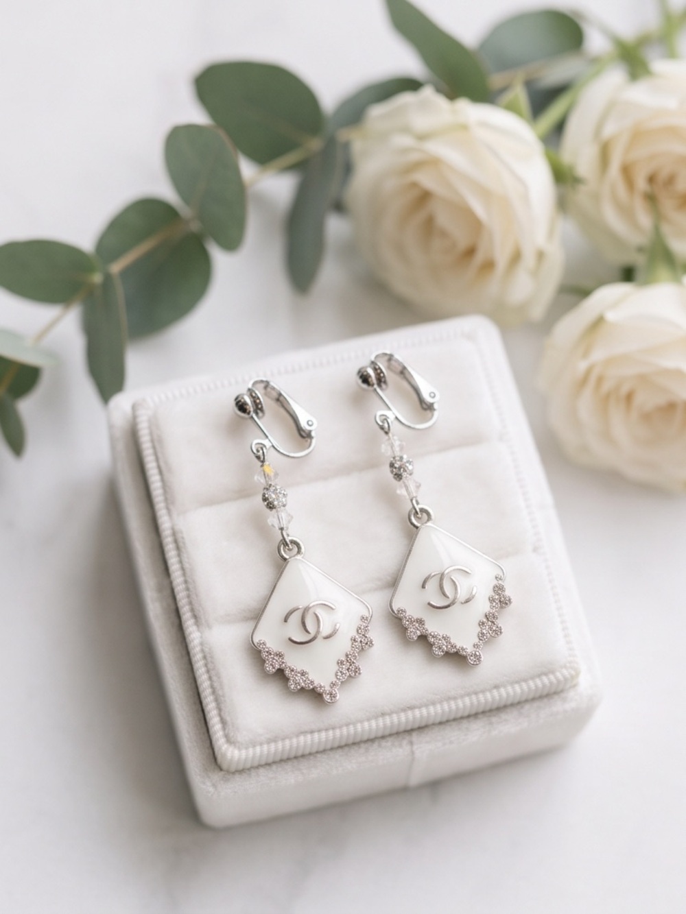 Elegant White Drop Earrings with Crystal Accents